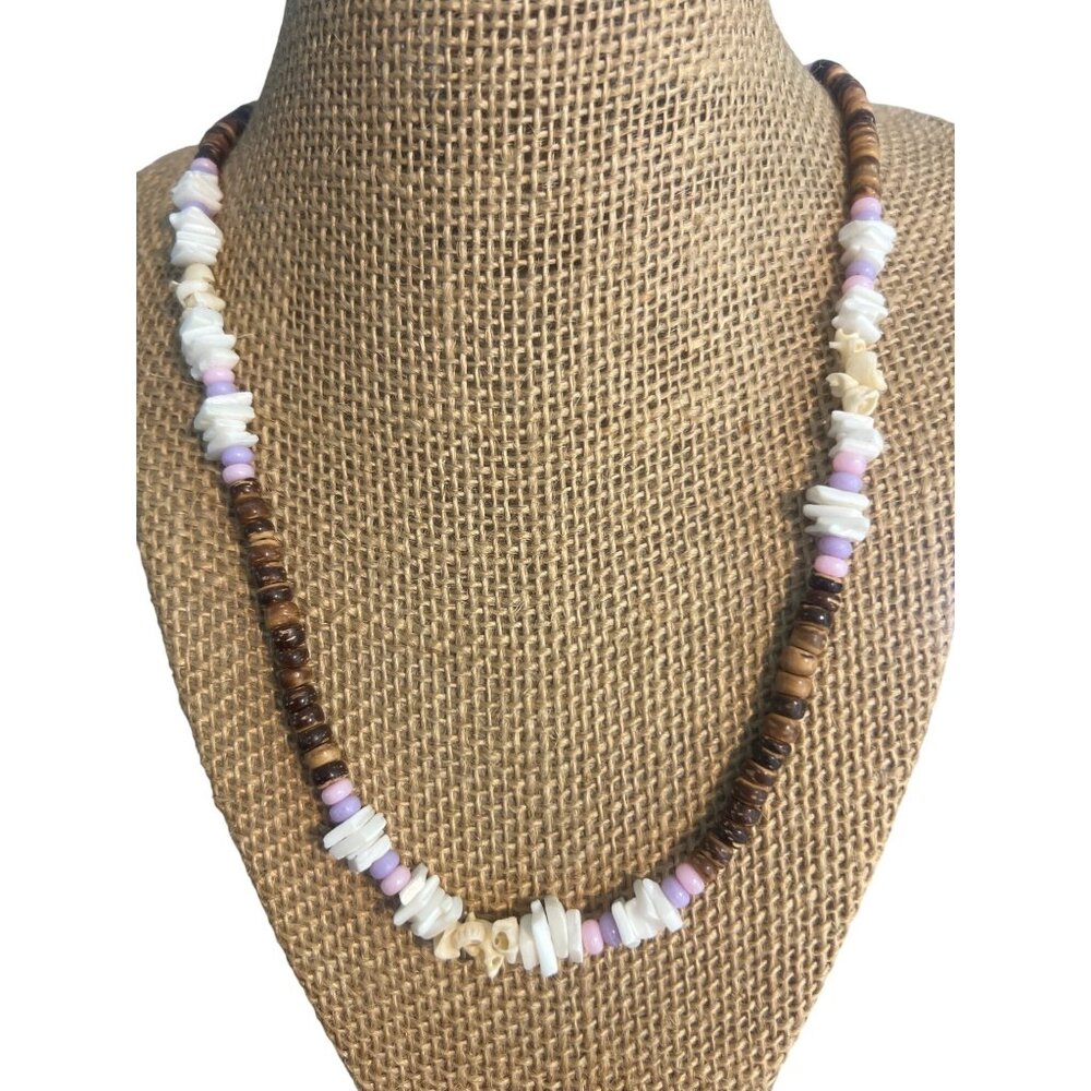 Vintage Puca Shell Necklace Coconut Shell White Pink Purple No Clasp Surfer 30"